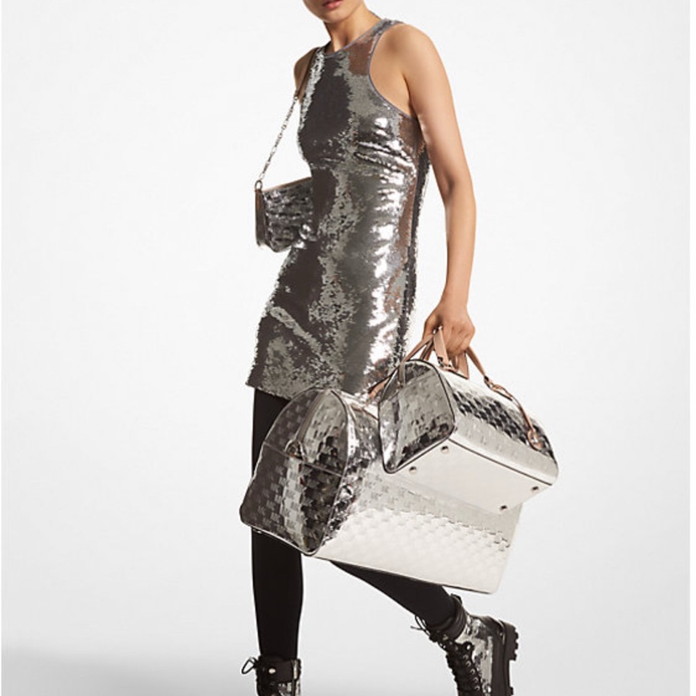 MICHAEL Michael Kors Silver Sequin Jersey Recycled Dress Small NEW